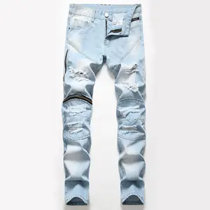 Celana Jeans Lurus Pria Eropa dan Amerika Serikat, Celana Ritsleting Warna Terang Kaki Lebar Pria Musim Gugur dan Musim Dingin Baru
