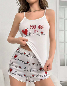 Conjunto de pijama de 2 piezas sin mangas y pantalones cortos de manga corta para mujer al por mayor, ropa de dormir de secado rápido con estampado de dibujos animados de verano con cintura elástica - Product Image 1