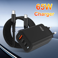 Cargador Rápido PD QC de 65W con 3 Puertos, Enchufe Europeo, Cargador de Pared Multipuerto con Doble Tipo-C y USB-A para Teléfono y Portátil con Cable Tipo-C