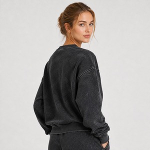 Prix de gros Sweat-shirt femme délavé à l'acide en molleton de coton avec poignets côtelés et coupe épaules tombantes, style streetwear - Product Image 3