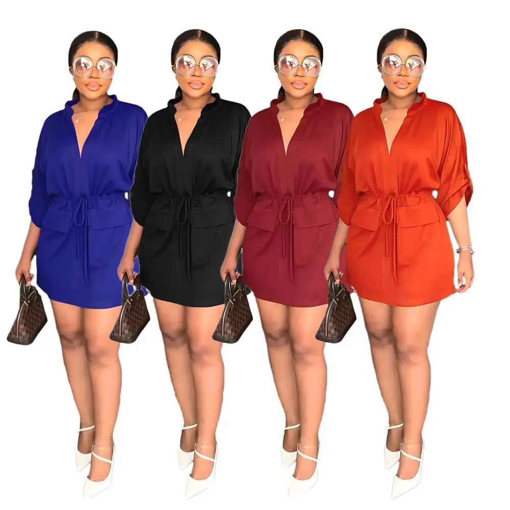 Wholesale Half Sleeve V Neck Belted Drawstring Waist Casual Blouse Top Short Sexy Mini Shirt Dress for Women