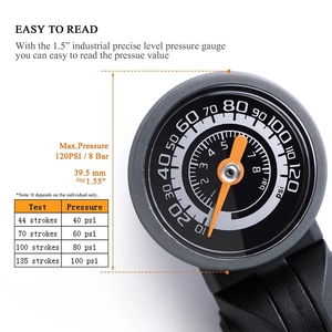 <span class=keywords><strong>Pompe</strong></span> à vélo en alliage d'aluminium <span class=keywords><strong>GIYO</strong></span> avec compatibilité valve Schrader/Presta, tuyau de 29 cm, manomètre, gonfleur d'air pour vélo 120 PSI - Product Image 5