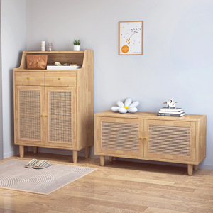 Nordic Solid Wood <b>Shoe</b> Cabinet With Rattan Doors For Entryway And Living Room <b>Storage</b> - Product Image 2