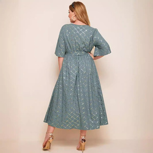 New Arrived Golden Line Lattice <strong>Blue</strong> Color Waist Belt Plus Size Women's Long Casual <strong>Dresses</strong> - Product Image 3