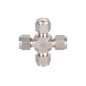 Raccord hydraulique à double ferrule en acier inoxydable SS316 ROKE, connecteur quatre voies pour tubes métriques de 2 à 50 mm - Product Image 1