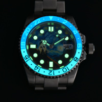 Montre mécanique GMT personnalisée avec cadran tortue de mer, 40 mm, acier inoxydable, montre de plongée tendance, résistante à l'eau 50 bars, automatique et lumineuse