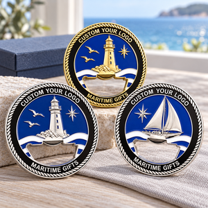 Décapsuleurs nautiques personnalisés, pièces de monnaie commémoratives, dorées et argentées, avec phare et voilier en émail, cadeaux d'entreprise - Product Image 1