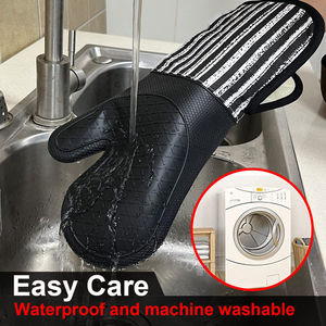 Par de Guantes de Silicona Negros para Horno, Forro de Algodón, Diseño Geométrico Estampado con Rayas y Rombos, Impermeables, Antideslizantes y Resistentes a las Quemaduras - Product Image 6