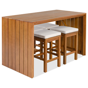Outdoor Bar <b>Set</b> Acacia Wood Bar Height <b>Table</b> With Four <b>Stools</b> Cushions Patio Dining Furniture For Backyard - Product Image 2