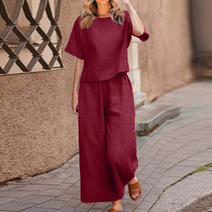 En stock – Nouveauté été 2026 : Ensemble deux pièces femme en coton et lin, t-shirt à manches courtes et pantalon large – Vente en gros - Product Image 5