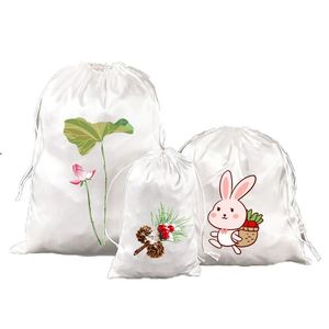 Wholesale <b>White</b> <b>Satin</b> <b>Shoe</b> Drawstring Bag with Embossed Silk Screen Logo Customizable Pouch for Gift Use - Product Image 3