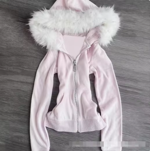 Sudadera con capucha rosa vintage Y2K estilo Spice Girl para mujer, diseño de otoño/invierno con cremallera y capucha de lana, corte ajustado y cintura estrecha. - Product Image 4