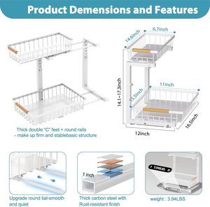 Étagère de rangement métallique à 2 niveaux pour évier de cuisine et salle de bain, réglable en hauteur, organisateur de placard coulissant - Product Image 4