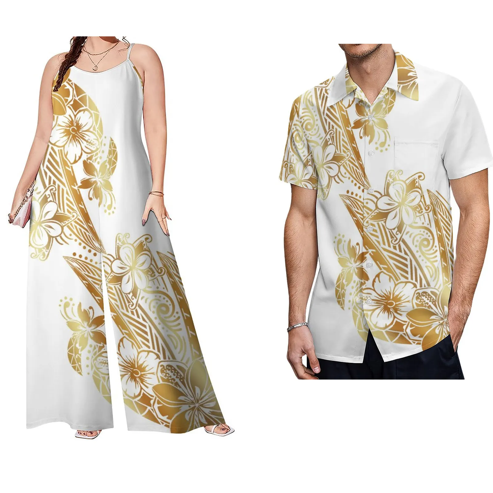 wholesale polynesian sets of couples samoan gold print casual men shirt and plus size women rompers 2 piece sets tribal clothing