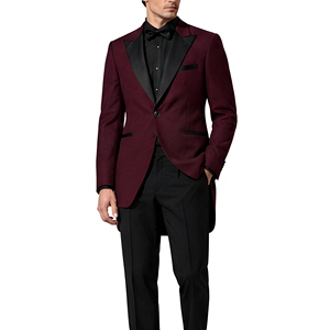 Blazer de smoking en satin bordeaux pour homme avec revers noir, coupe ajustée, un bouton, style queue-de-pie, dernière conception, veste à revers pointus - Product Image 2