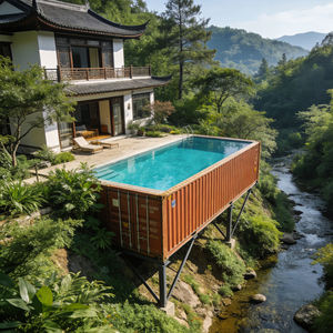 Revêtement en bois décoratif pour piscine extérieure rectangulaire, unité de filtration autonettoyante tout-en-un, résistant aux UV, durable, échelle de sécurité - Product Image 5