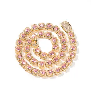 hip hop pink zircon heart gold plated 9mm Moissanite Tennis Chain necklace for Men Women