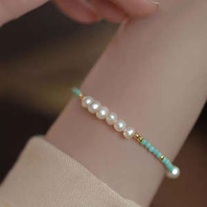 WENCHI Natural Seedless Freshwater Pearl <b>Beaded</b> Turquoise <b>Bracelet</b> Fine Jewelry 16cm+3cm Adjustable Copper Plated 14k <b>Gold</b> - Product Image 1
