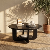 Table basse ronde en bois massif noir minimaliste moderne avec étagère de rangement inférieure, table centrale vintage pour salon