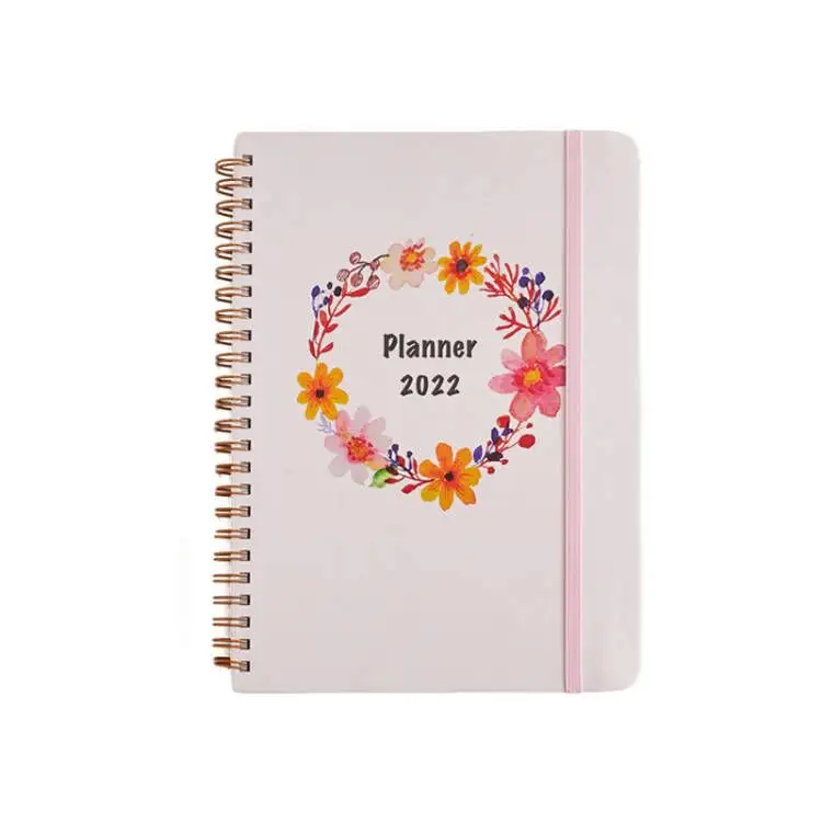 2022 A5 high quality cream paper color custom printed planner fabric cover embossed logo journals gold metal spiral gold corner