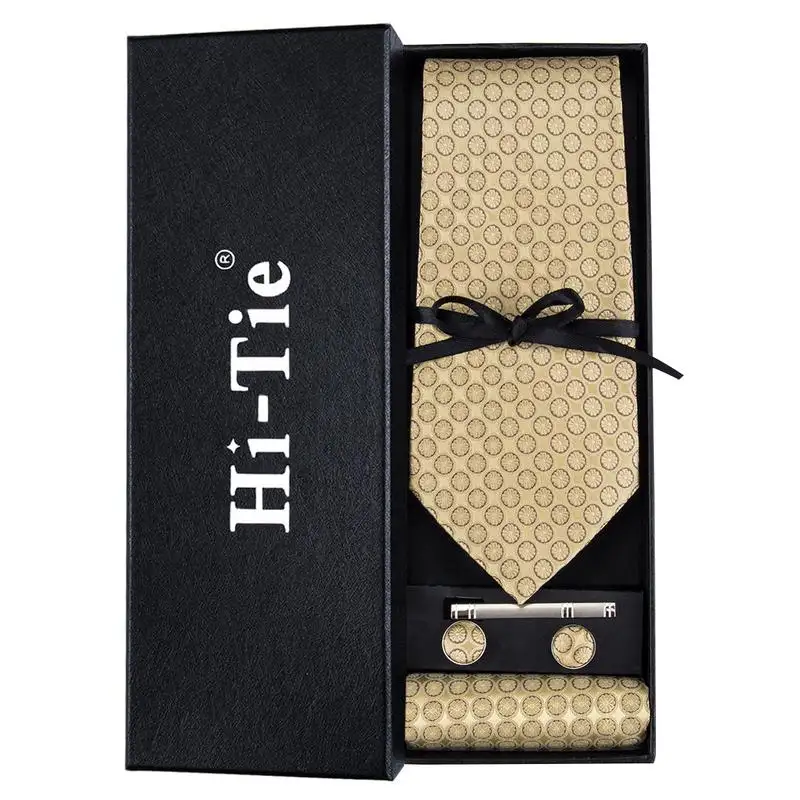 High Quality Custom Design Men Ties Fashion Golden Yellow Polka Dot Necktie Wholesale Silk Tie Set Gift Box