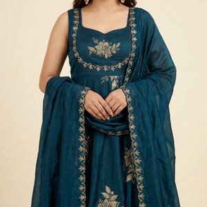Elegant Loose-Fit Silk Anarkali Gown Dress with Embroidery for Indian & Pakistani Wedding Wear Regular Fit Adult Dress Gown - Product Image 1