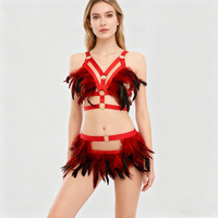 Soutien-gorge noir sexy ajouré à bretelles élastiques, harnais de corps à plumes pour jeux de rôle, tenue de danse et de rave pour femmes