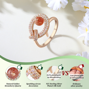 Bague en argent sterling 925 réglable en or rose 18 carats à la mode pour femmes Bague en pierre de cristal fin en cristal naturel - Product Image 3