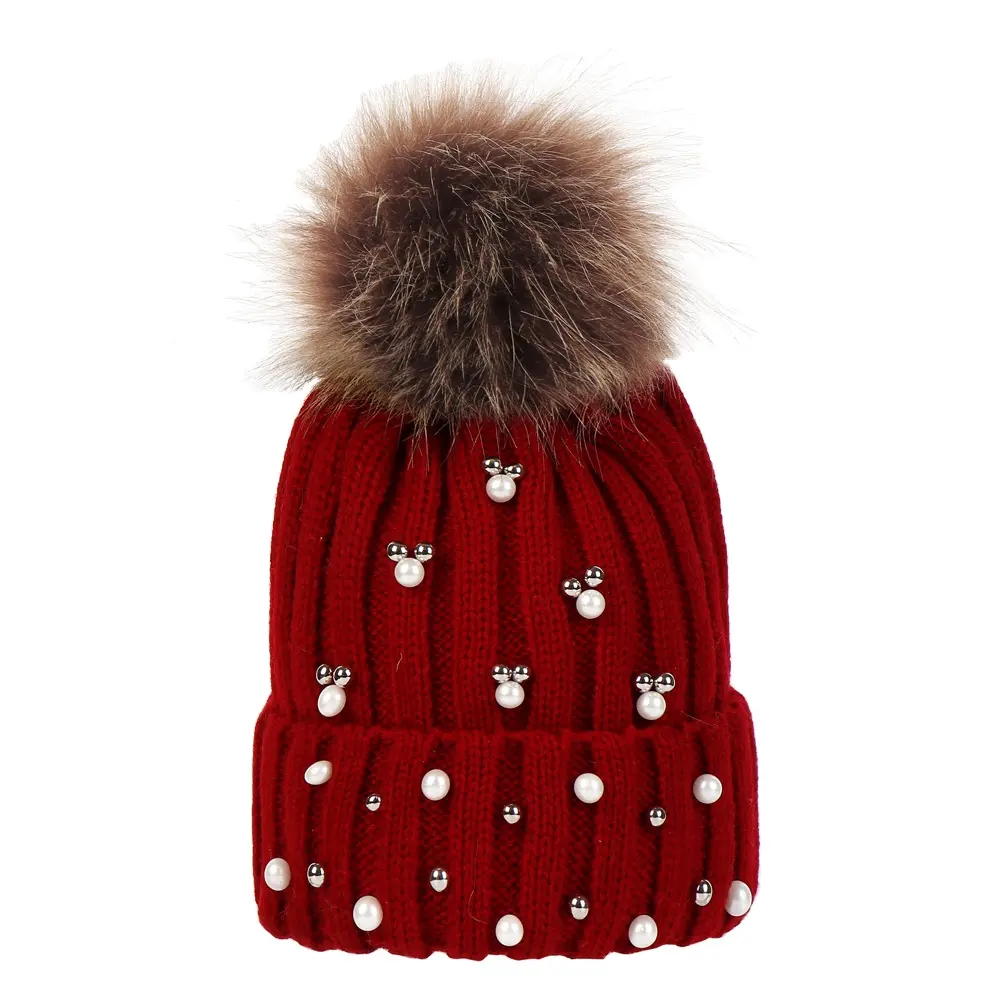 Topi Beanie musim dingin, topi rajut Pompom bola bulat untuk Natal, hadiah Dekorasi kristal, topi kupluk anak-anak mutiara