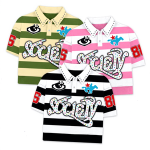 Camisetas Polo Personalizadas para Hombre, 100% Algodón, Manga Corta, Diseño de Paneles a Rayas, Parche de Diamantes de Imitación - Product Image 1