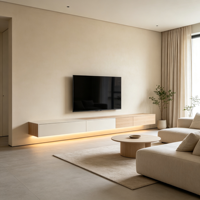 Meuble TV mural long blanc acajou sur mesure à fermeture amortie pour projets de personnalisation de salons de style Zen japonais