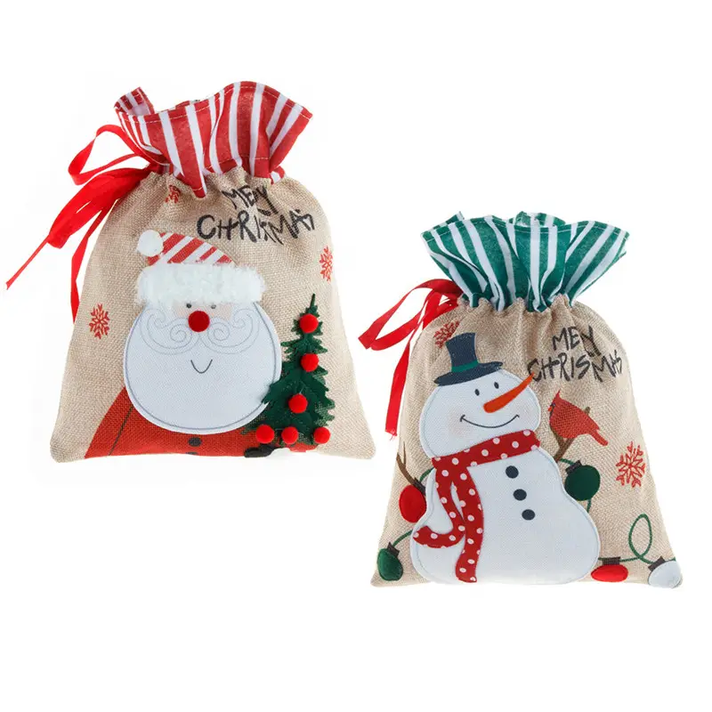 Feliz Natal pequeno bonito presente saco juta serapilheira cordão saco de compras para crianças doces gift shop mercearia com impressão do logotipo
