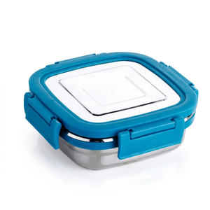 Conteneur carré en acier inoxydable FUSION (350 ml) avec couvercle en plastique bleu, hermétique, sans BPA, empilable - Product Image 1