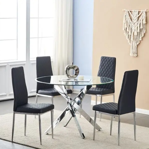 Table à manger ronde en verre transparent de haute qualité et ensemble de chaises avec quatre sièges