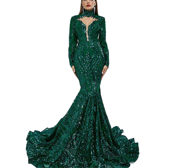 Emerald Green Formal Prom Gown Halter Sleeveless V-Neck Modest Bodycon Slim  Hip Sequined Appliques Eco-Friendly Chapel Train| Alibaba.com