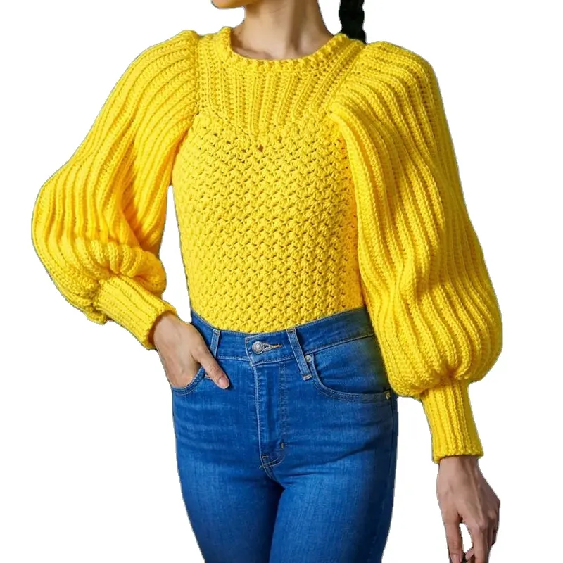 Yellow Crew Neck Cable Knit Lantern Sleeves Soft Sweaters For Women Knit Sweater Autumn And Winter Fashion Hand Made Knitwear