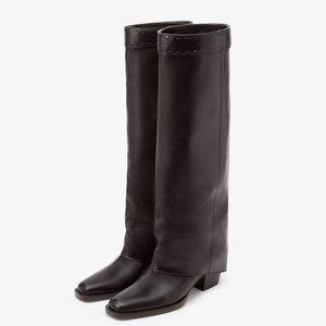 Women Top Sewing Line Knee High Boots Overlay on Long Booties Ladies Western Style Chunky Heels Pants <b>Shoes</b> - Product Image 3