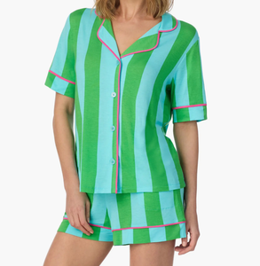 Completo Pigiama Donna Casual Verde a Righe con Colletto Rovesciato, Maniche Corte <span class=keywords><strong>e</strong></span> Pantaloncini, Morbido Abbigliamento da Notte Femminile - Product Image 1