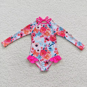 Traje de baño de una pieza con volantes y estampado floral de melocotón de manga larga para bebés y niñas pequeñas - Product Image 5