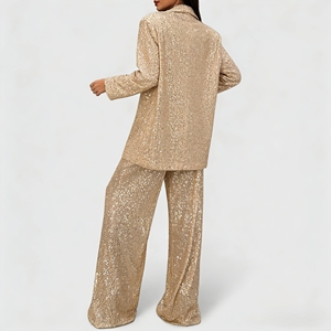 Completo da <span class=keywords><strong>donna</strong></span> personalizzato con blazer e pantaloni a gamba larga, in paillettes dorate, con collo a scialle, vestibilità oversize, due pezzi, ideale per matrimoni, feste ed eventi mondani - Product Image 2
