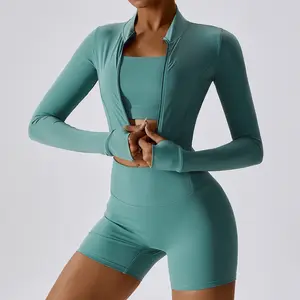 women's shockproof gym wear with long sleeve tops high waist yoga clothes three-piece workout sets