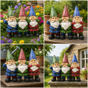 Statua da Giardino in Resina con Tre Gnomi Saggi dall'Aspetto Invecchiato per Decorazioni Esterne - Product Image 3