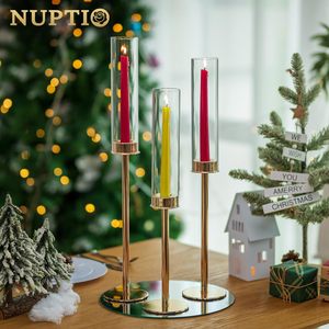 Nouveau <span class=keywords><strong>Chandelier</strong></span> Cylindrique <span class=keywords><strong>Noir</strong></span> et Or Antique pour Bougies Coniques, en Verre Hurricane, pour Mariage et Ambiance Romantique - Product Image 3
