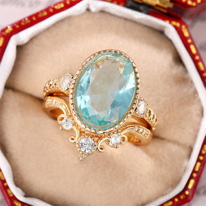 Crown Blue Zircon <b>Ring</b> <b>Set</b> for Women <b>Gold</b> Elegant Oval Luxury Fashion Statement Jewelry Gift - Product Image 3