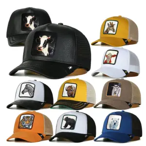Chapéu de couro personalizado com 5 painéis bordados para animais de fazenda boné de caminhoneiro premium original fecho traseiro de malha de plástico