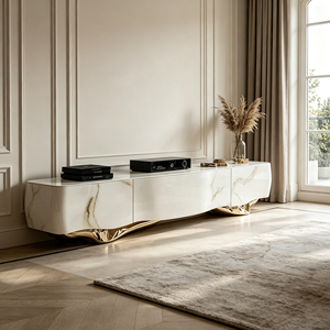 Mueble para <span class=keywords><strong>TV</strong></span> de Fibra de Vidrio con Base Curva Escultural Dorada y Patrón de Mármol Blanco para Espacios de Vida Contemporáneos de Alta Gama - Product Image 6