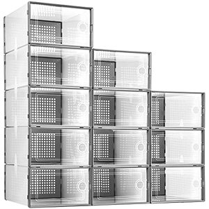 Plastic Stackable Shoe Storage Bins Closet 12 Pack Grey Sneakers Organizer Boxes