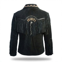 Veste Western en daim noir pour homme avec franges et broderies perlées, col rabattu, simple boutonnage, style vintage