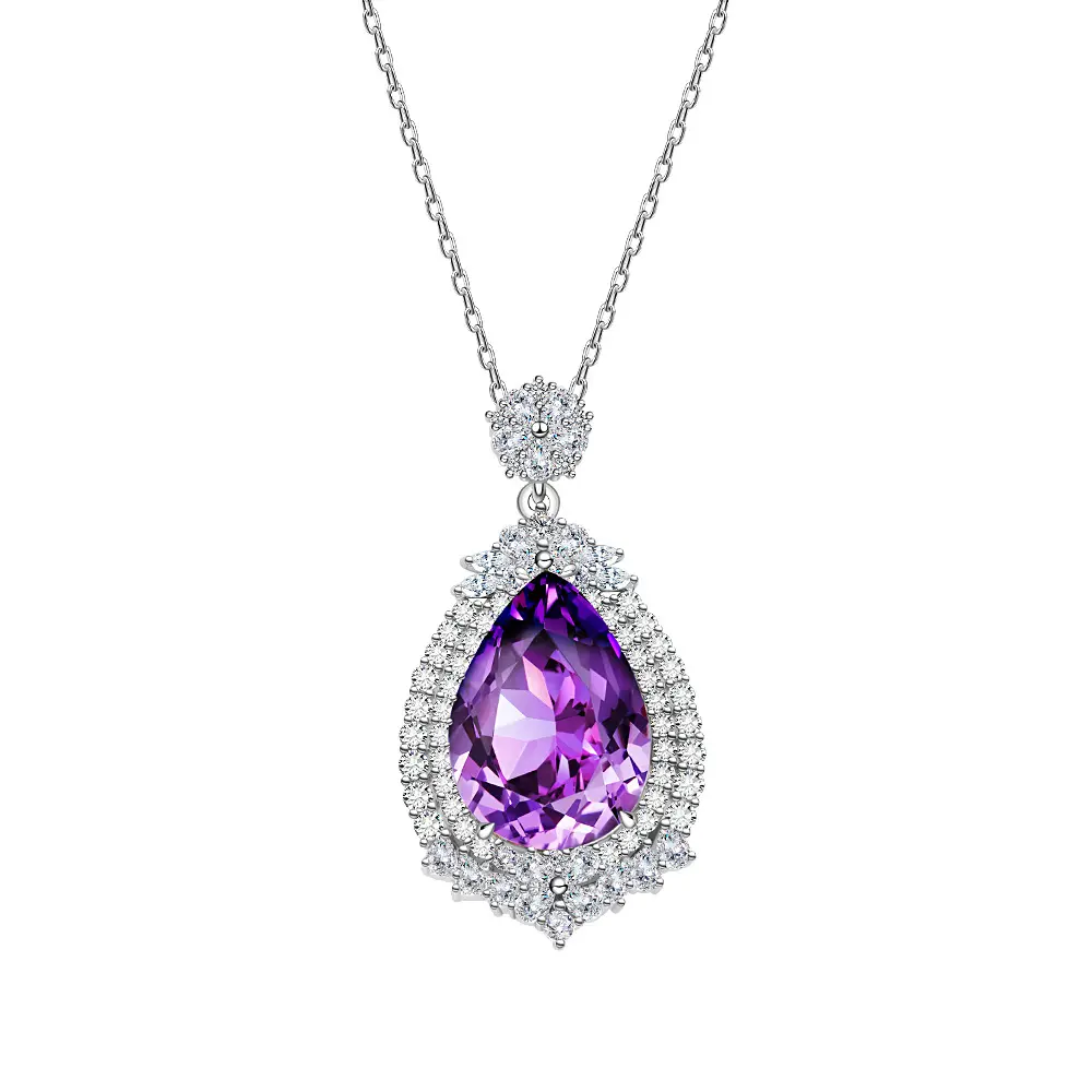 Elegante collana a forma di goccia d'acqua 13*18 con diamanti viola e zirconi, catena a clavicola con ciondolo a diamante pieno in argento 925