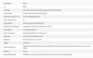 Medidor de sólidos disueltos totales (<span class=keywords><strong>TDS</strong></span>) <span class=keywords><strong>HANNA</strong></span> HI8734 Tratamiento de agua, monitoreo de calidad del agua y mediciones de laboratorio y de campo - Product Image 4